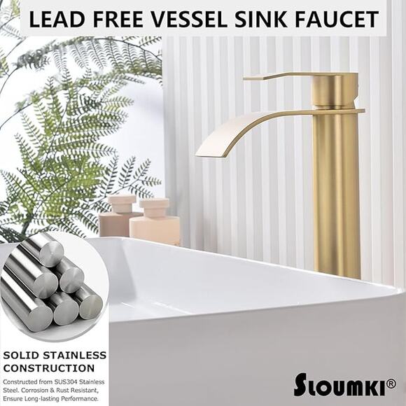 Brushed Gold Vessel Sink Faucet, Bathroom Sink Faucet, High Waterfall Faucet - Picture 4 of 7